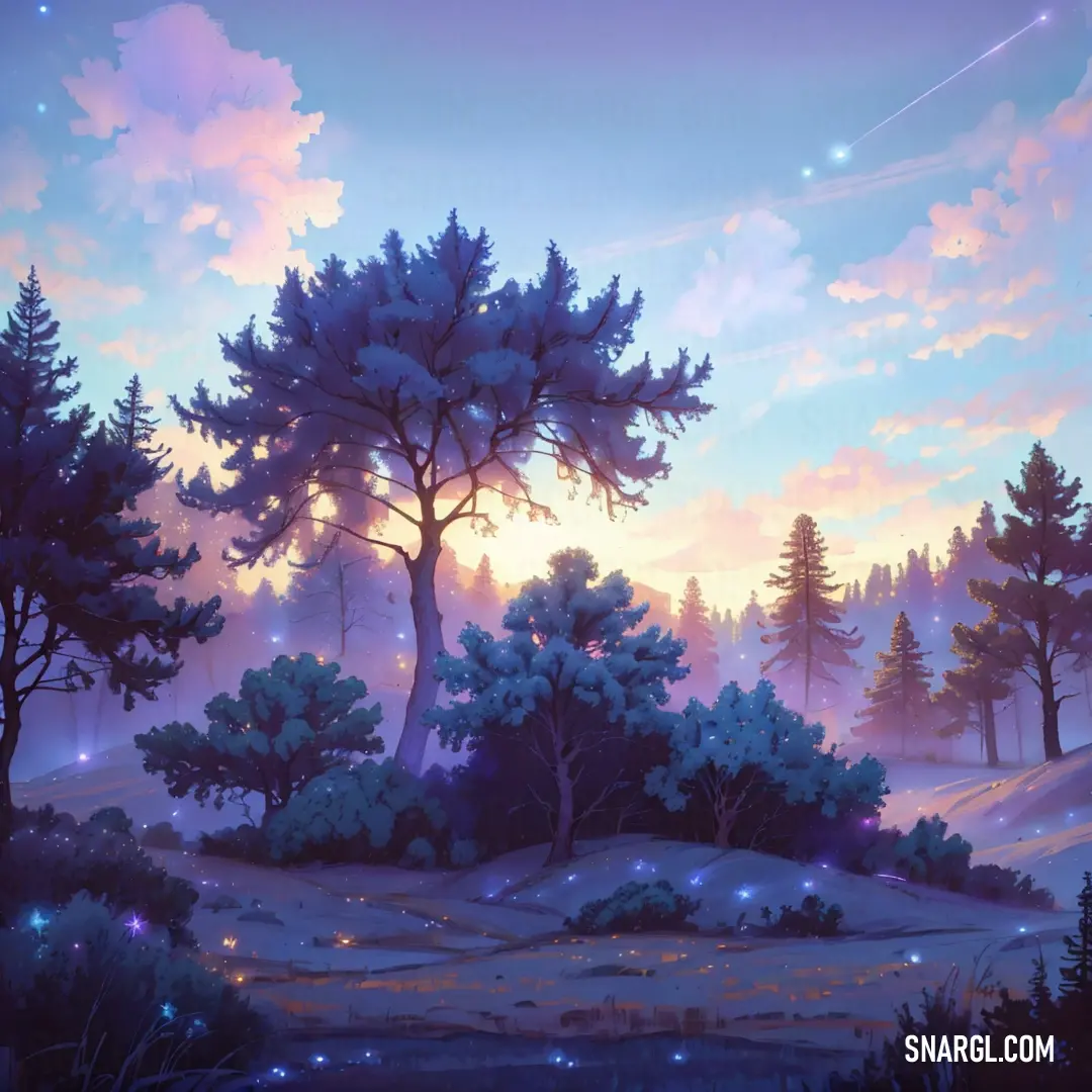 Painting of a forest with stars and a sky background with clouds and stars in the sky and a few trees