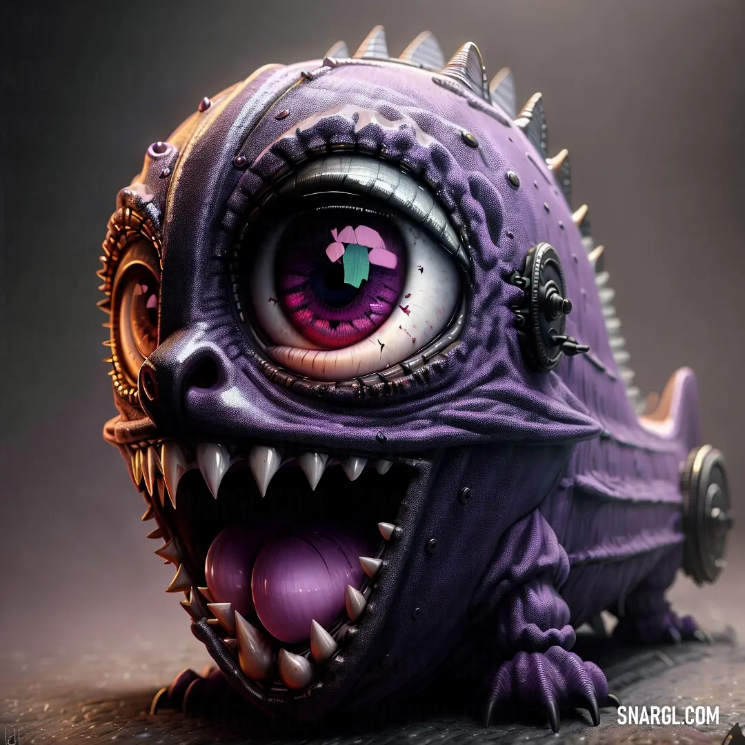 Purple monster with a big eye and a large mouth with spikes on it's head and a large eyeball