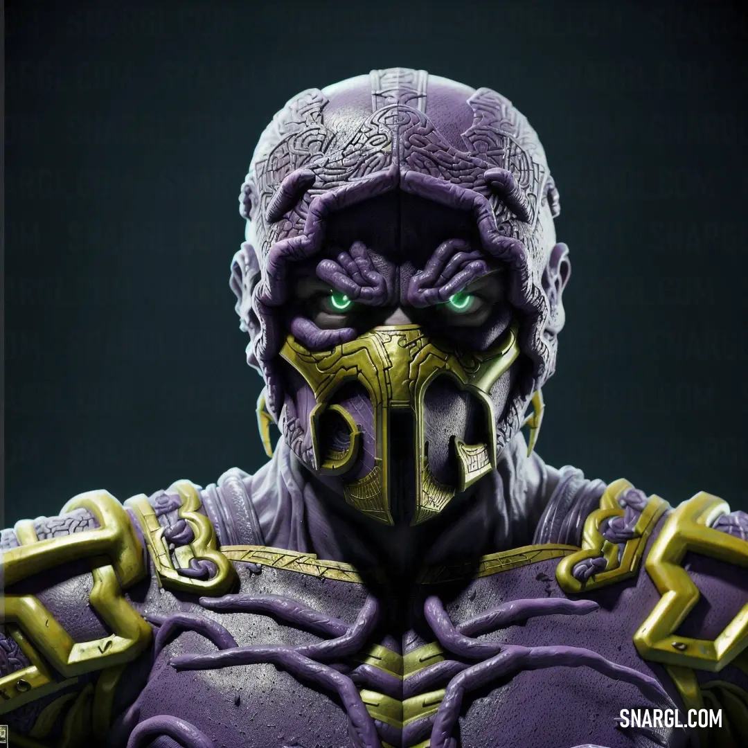 Purple Mountain\'s Majesty color example: Close up of a person wearing a purple mask and gold armor with green eyes and a black background