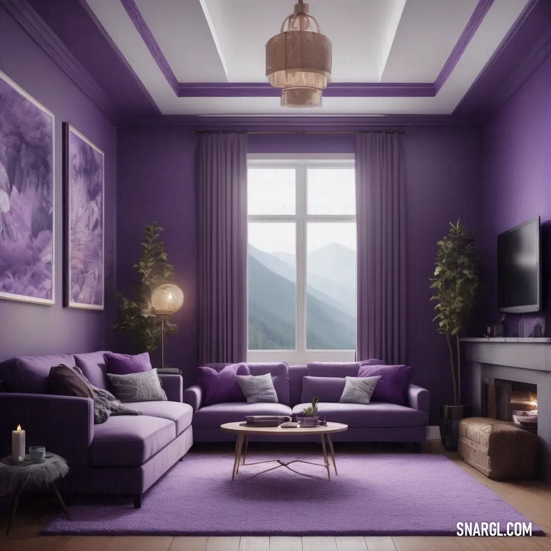 Living room with purple walls and a purple rug on the floor and a purple couch and chair in front of a window. Color CMYK 16,31,0,27.