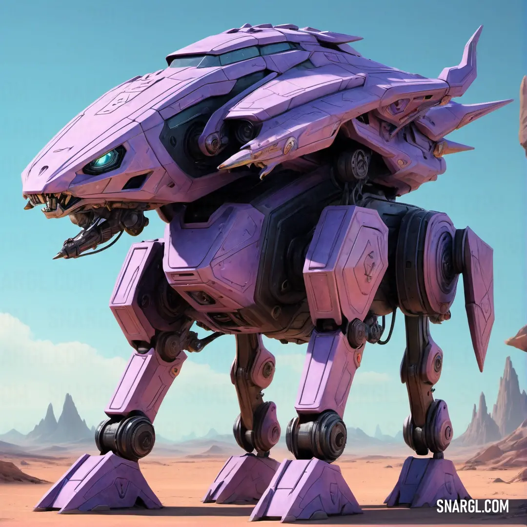Robot dog with a large body and large wheels on it's legs. Color Purple Mountain\'s Majesty.