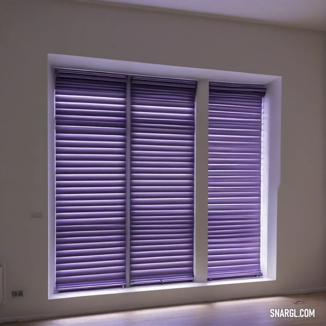 Window with a purple blind in a room with hardwood floors and a white wall with a window sill. Example of CMYK 16,31,0,27 color.