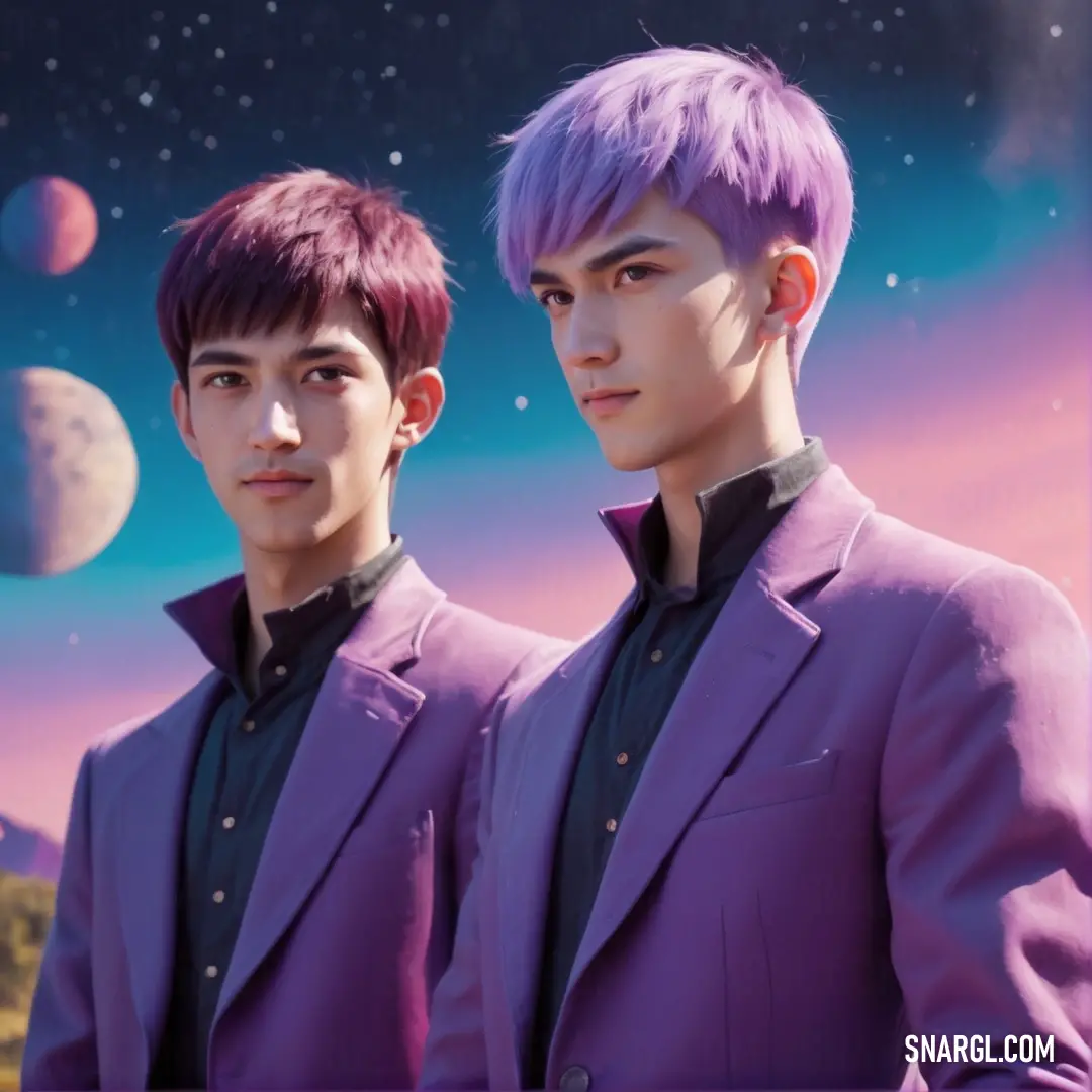 Two young men in purple suits standing in front of a space background. Color #9D81BA.