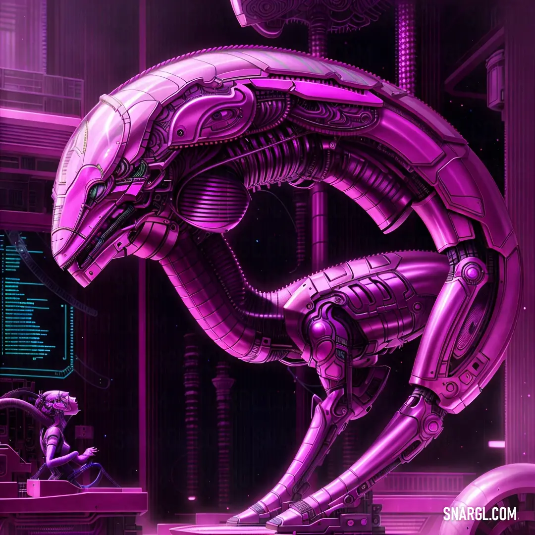Futuristic alien creature in a purple background with a computer screen in the background and a man on a chair