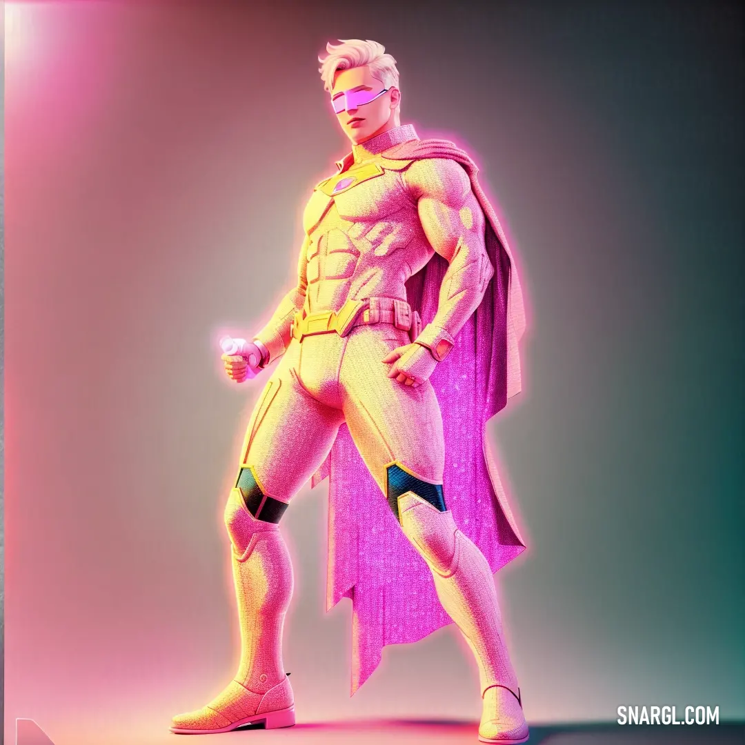Man in a pink and yellow costume standing in front of a pink background with a pink light behind him