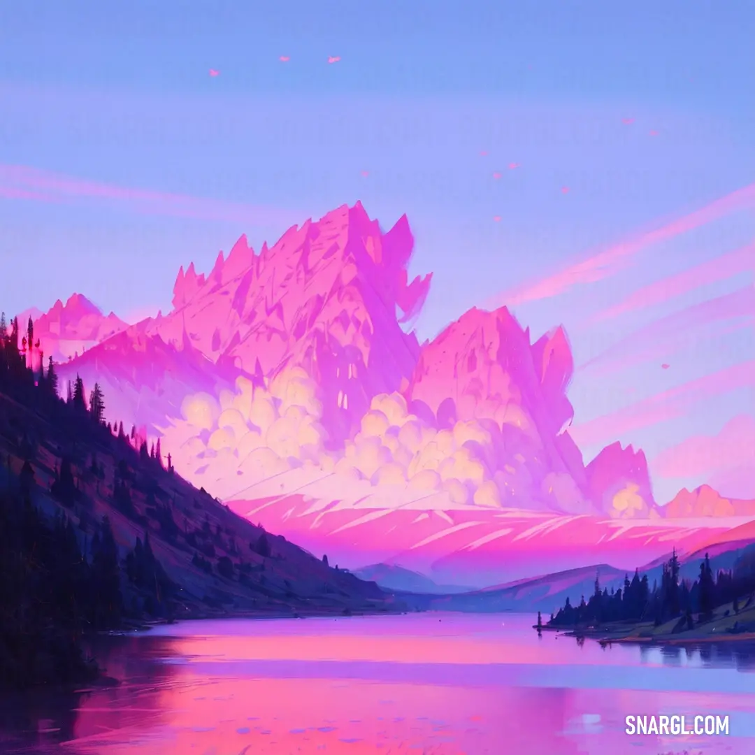 Painting of a mountain range with a lake in the foreground and a pink sky in the background