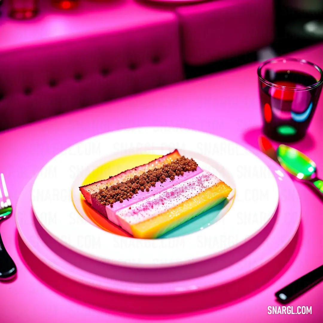 Plate with a cake on it on a table with a glass of water and a fork and knife