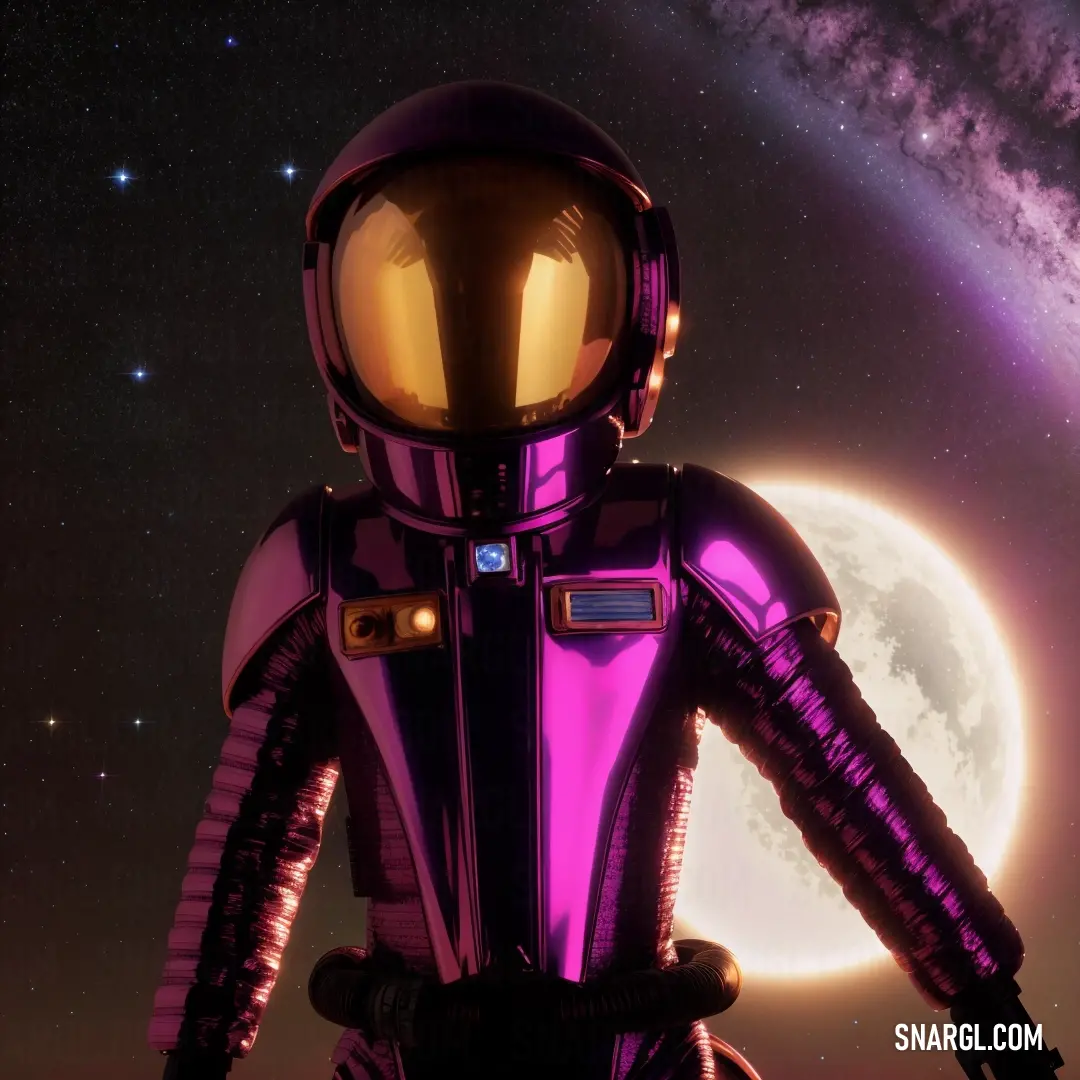 Purple astronaut standing in front of a full moon and a purple galaxy in the background. Example of Purple pizzazz color.
