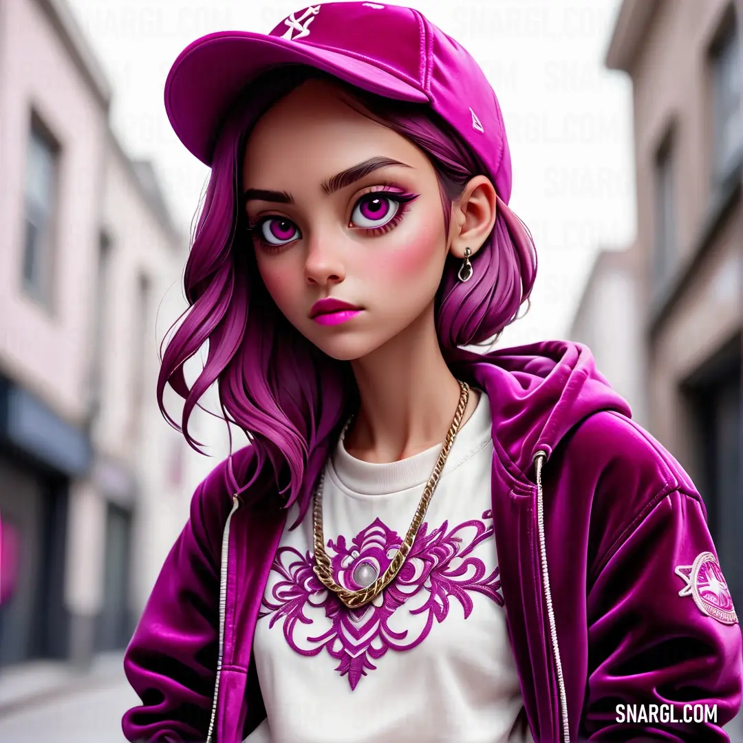 Cartoon girl with purple hair and a baseball cap on her head and a white shirt on her shirt. Color RGB 254,78,218.