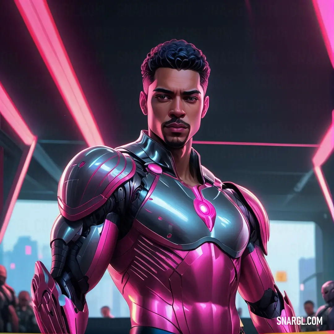 Man in a futuristic suit standing in a room with people looking on and a neon light is shining on his chest. Color RGB 254,78,218.