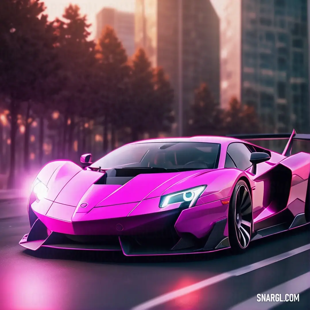 Purple pizzazz color. Pink sports car driving down a city street at night