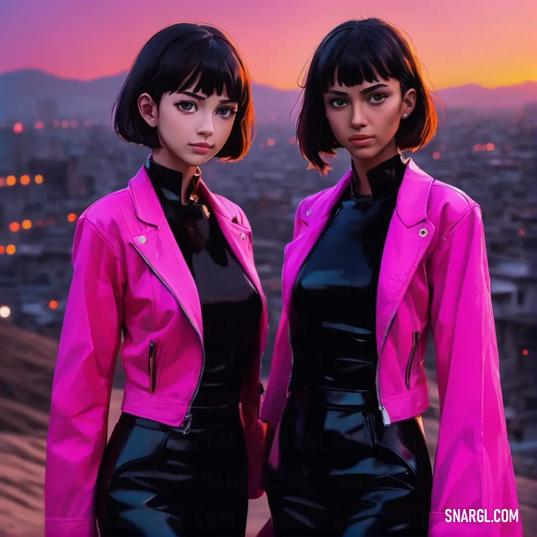 Two women in black and pink outfits standing next to each other in front of a cityscape at sunset. Example of #FE4EDA color.