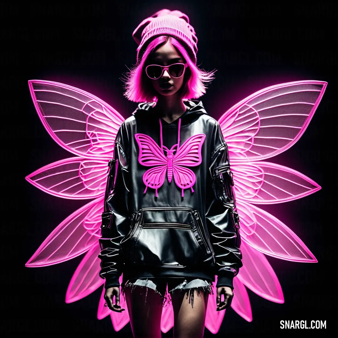 Woman with pink hair and a butterfly jacket on, standing in front of a black background. Color RGB 254,78,218.