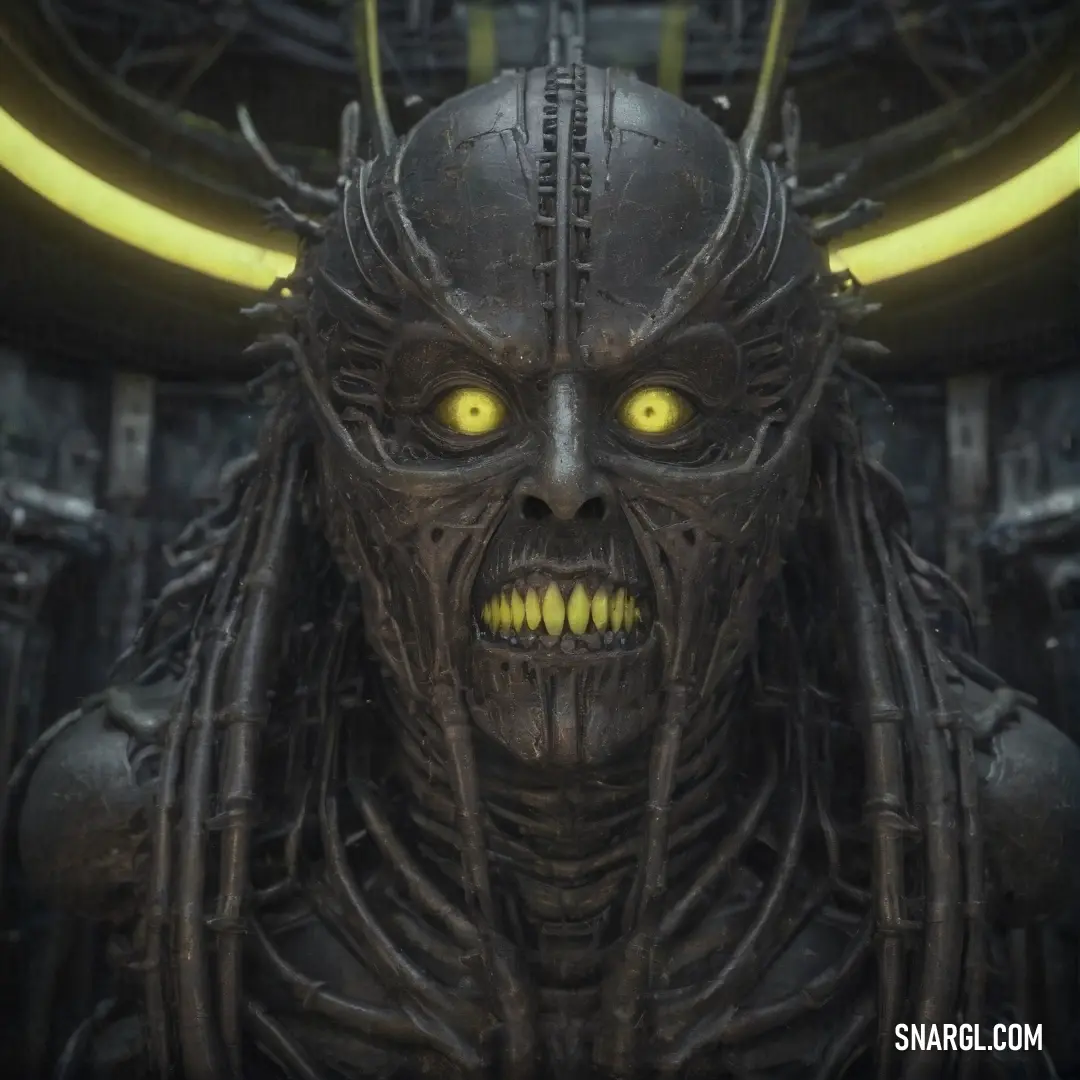 A haunting image of an alien with menacing yellow eyes and a sinister expression, straight out of a science fiction movie. The deep, eerie color palette of the creature’s surroundings amplifies its unnerving presence.