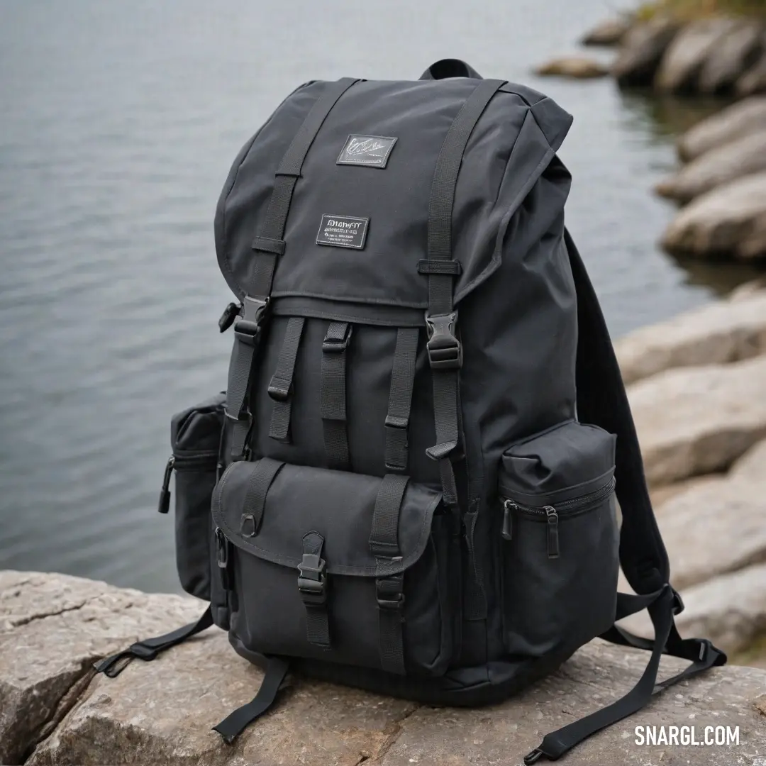 A charming purple taupe backpack rests on a rock near a glistening body of water. Its wings of color blend seamlessly with the scenic backdrop, encouraging moments of exploration and connection with the serene landscapes surrounding it.