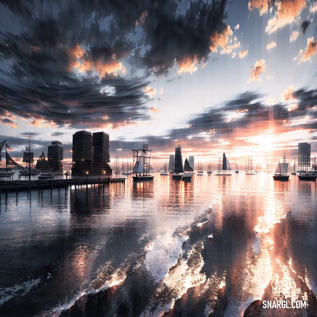 Beautiful sunset over a harbor with sailboats in the water and a pier in the foreground with a cloudy sky