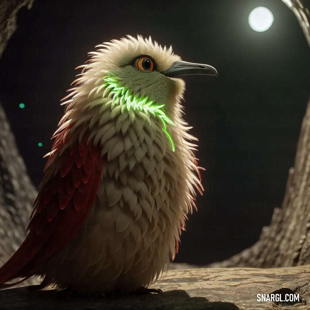 A bird with a colorful green and red beak perches on a rock, its vibrant colors standing out against a dark, moody background, adding a touch of life to the scene.