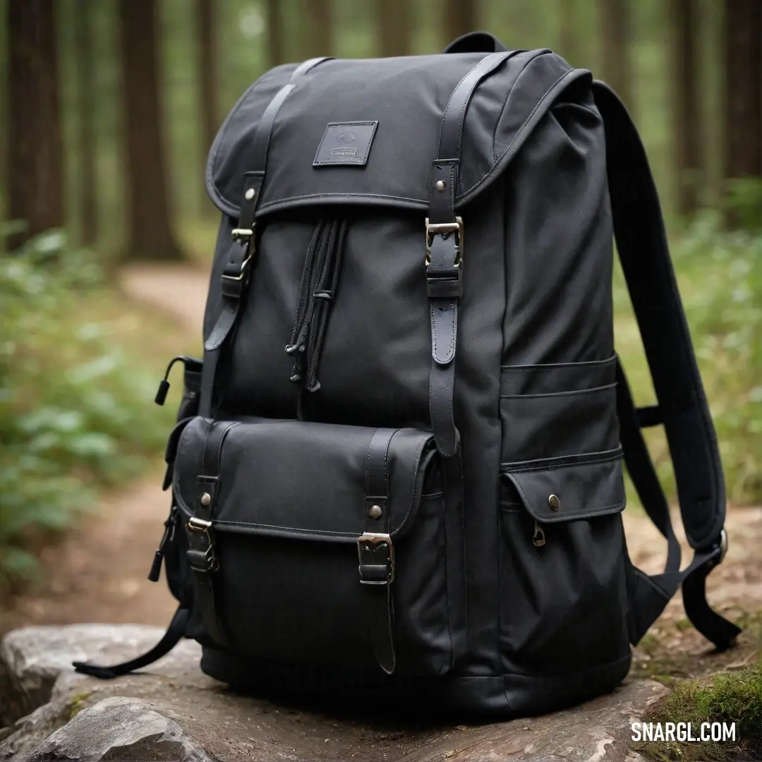 A sleek black backpack sits gracefully atop a rock, framed by a serene woodland backdrop. The blend of natural elements and modern design creates a perfect union for outdoor adventures, ensuring style and practicality on every journey.