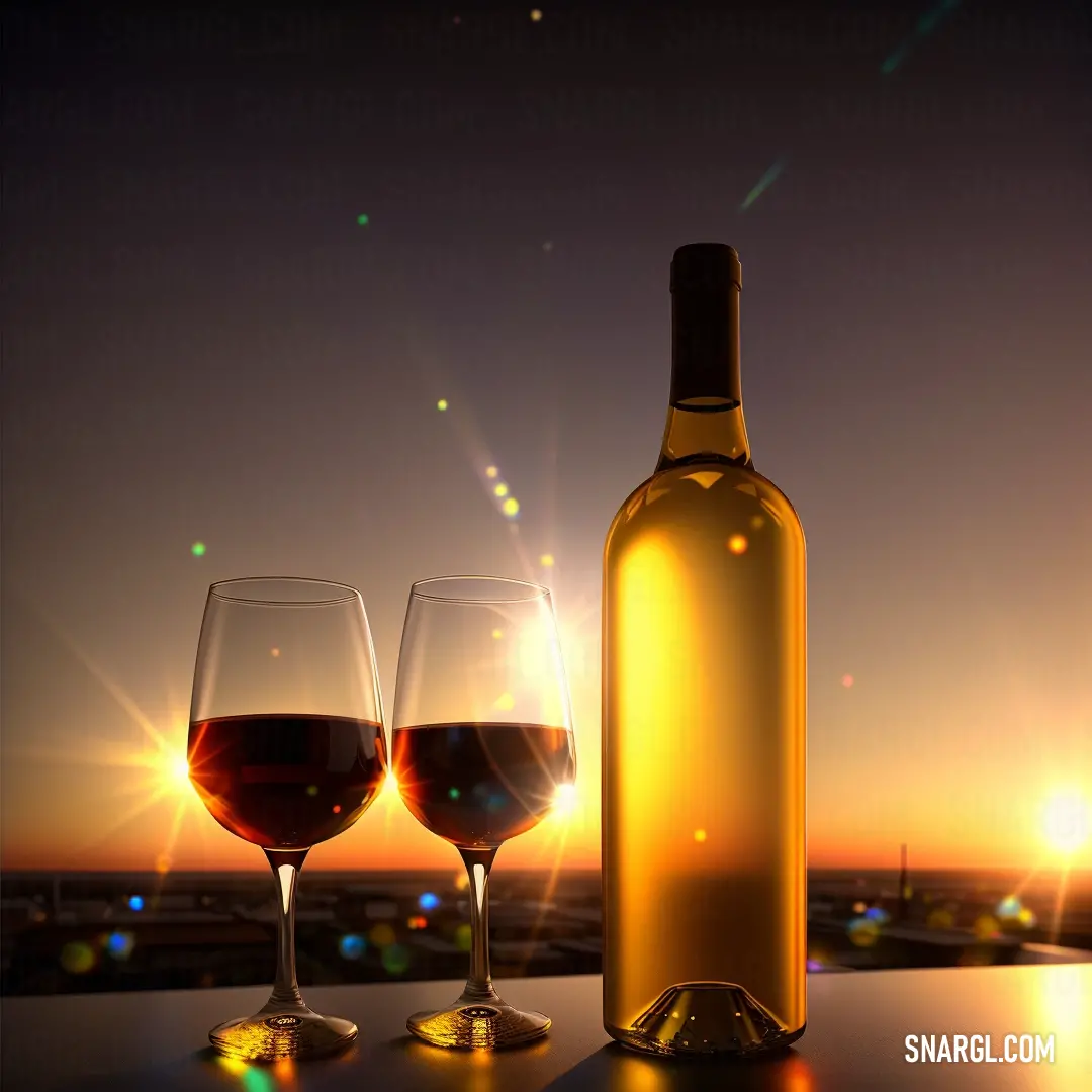 Bottle of wine and two glasses of wine on a table with the sun setting in the background and a city skyline