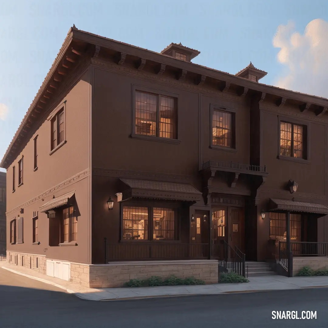 Brown building with a clock on the front of it and a street in front of it