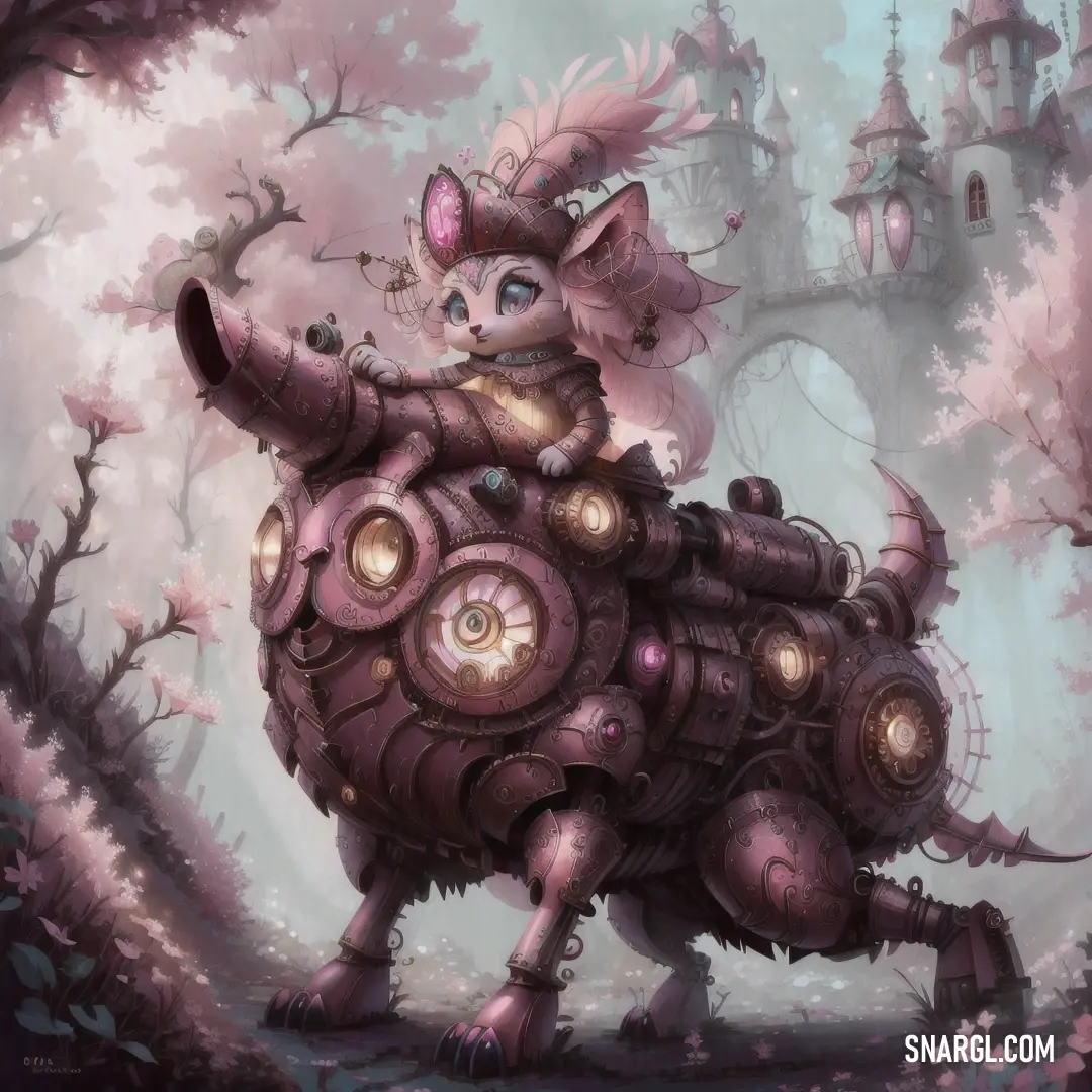 A cartoon character rides a mechanical animal through a lush forest, with a towering castle looming in the distance. The entire scene is bathed in hues of purple taupe, giving it a mystical and adventurous vibe.