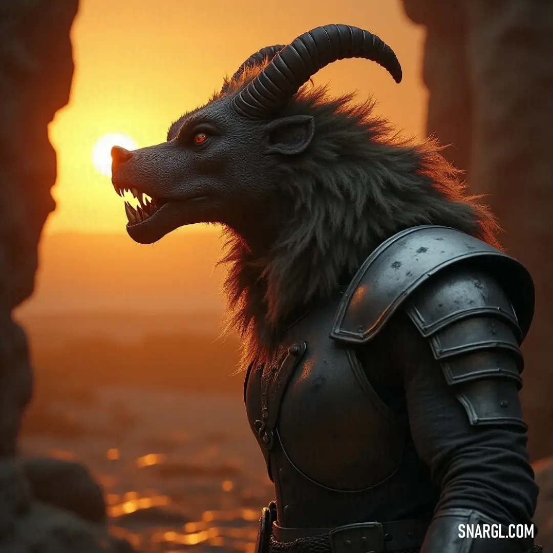 A formidable demon-like creature stands atop a rocky cliff at sunset, its horns and helmet silhouetted against the fiery sky, symbolizing power and the struggle between light and darkness.