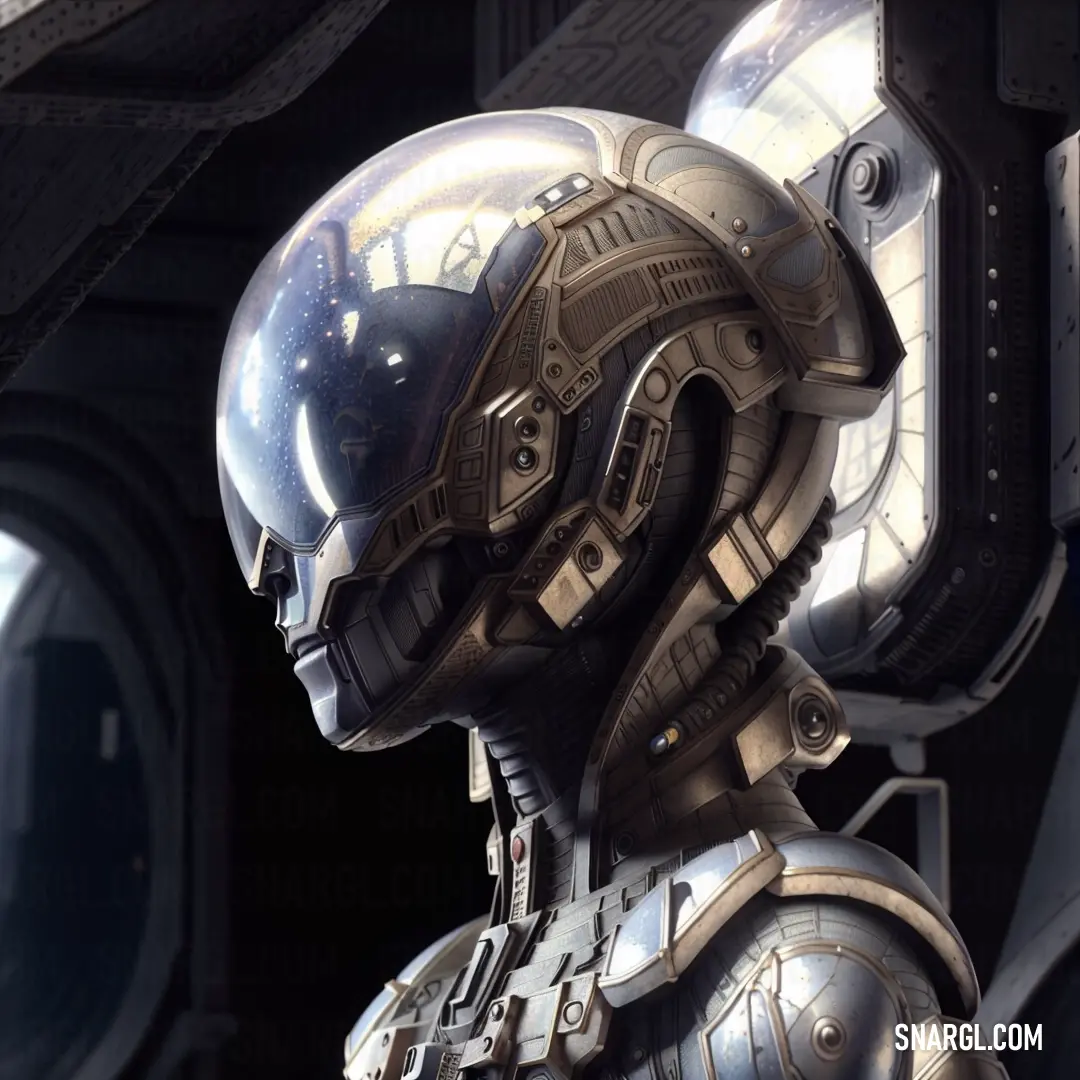 A sleek, futuristic robot wearing a high-tech helmet stands confidently in front of a distant space station. The intricate design of the robot contrasts with the metallic, almost ethereal, backdrop of the station in deep space.