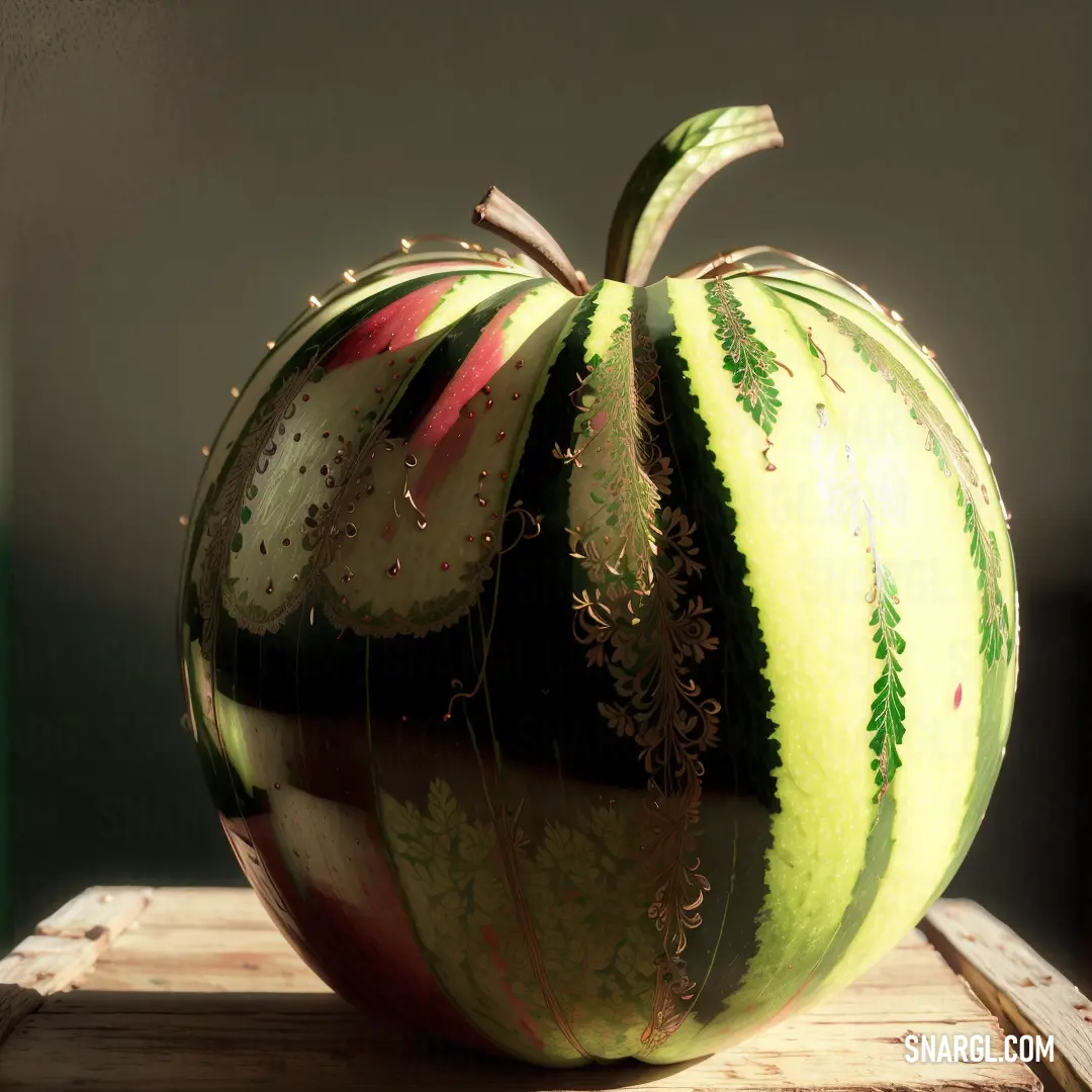 A large, ripe watermelon rests on a wooden table, next to a bottle of wine and a sharp knife. The scene is both rustic and inviting, with a warm and homey atmosphere evoked by the rich colors.