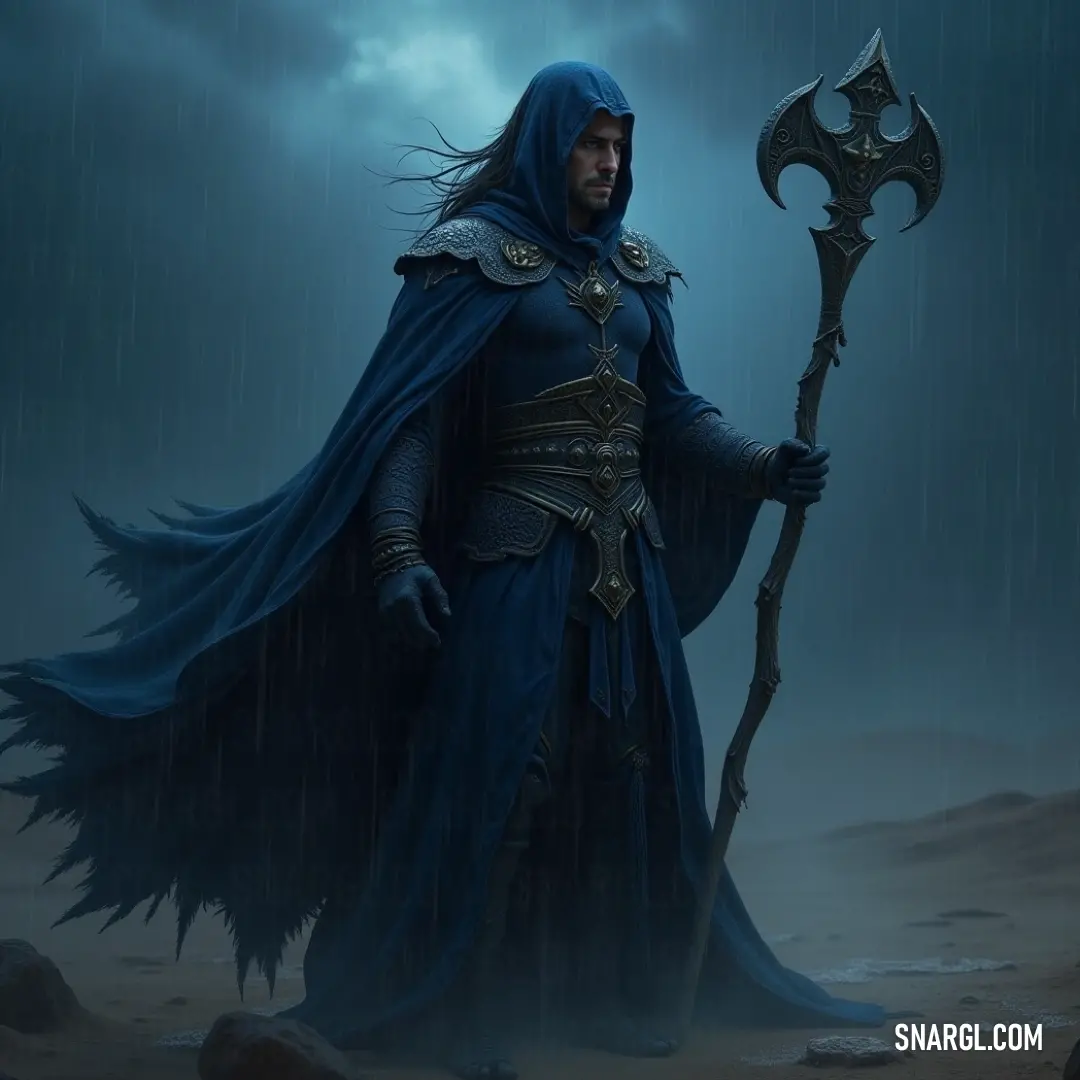 A determined man in a blue outfit valiantly holds a hefty metal hammer, rain pouring down around him. The contrasting dark background adds drama to the scene, showcasing his strength and resilience amidst challenging weather.