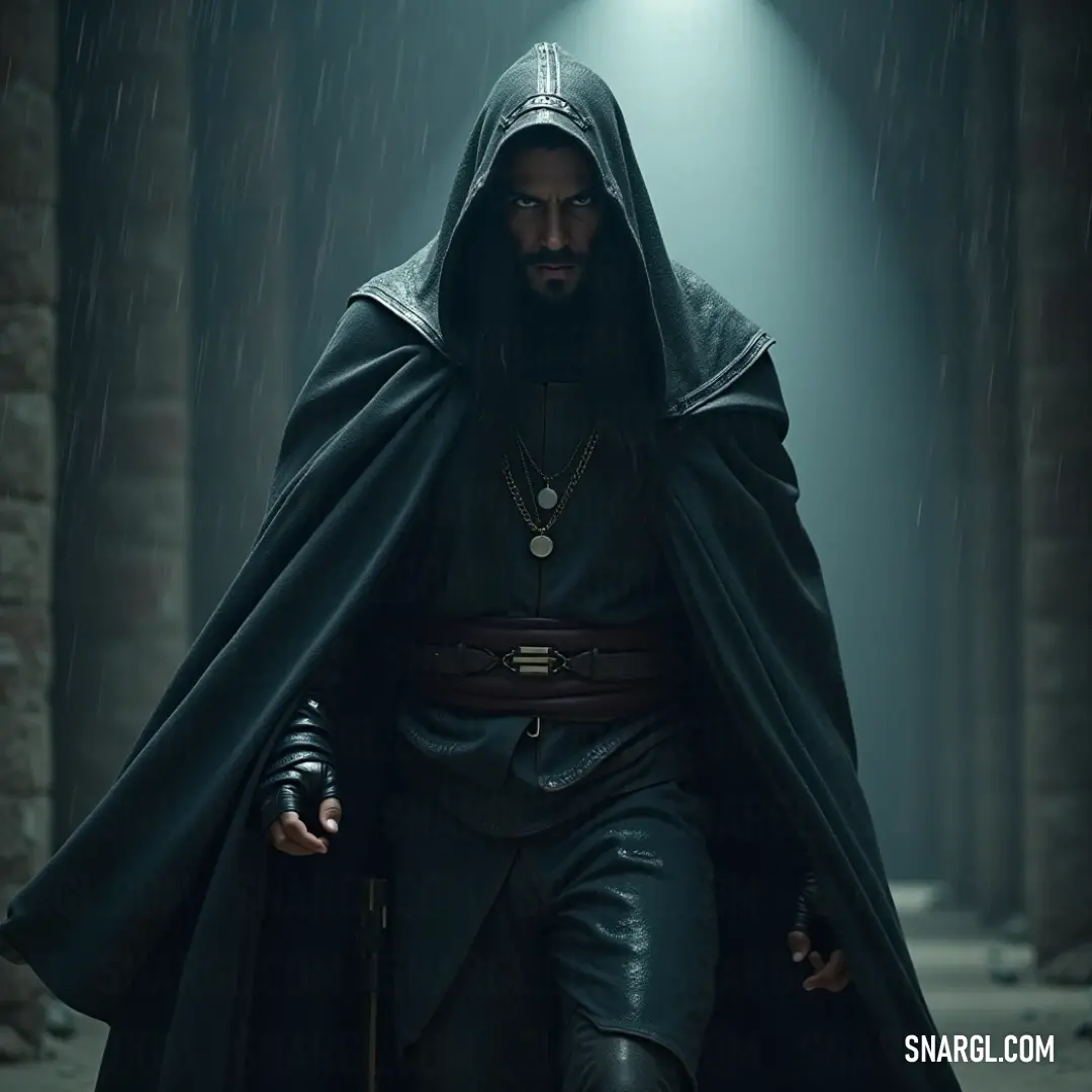 A solitary man in a hooded cloak walks through a dimly lit alleyway, clutching a flashlight that pierces the darkness, creating a sense of suspense and curiosity in this eerie yet captivating scene.