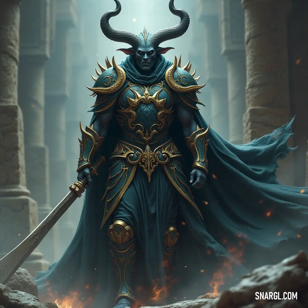 A powerful figure stands resolute in a dim cave, clad in a horned costume and gripping a gleaming sword, with imposing columns that rise around him, embodying strength and ancient energy captured in a striking CMYK palette.