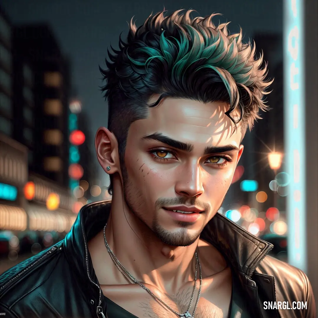 Man with a green mohawk and a black jacket on in a city at night with lights on the buildings
