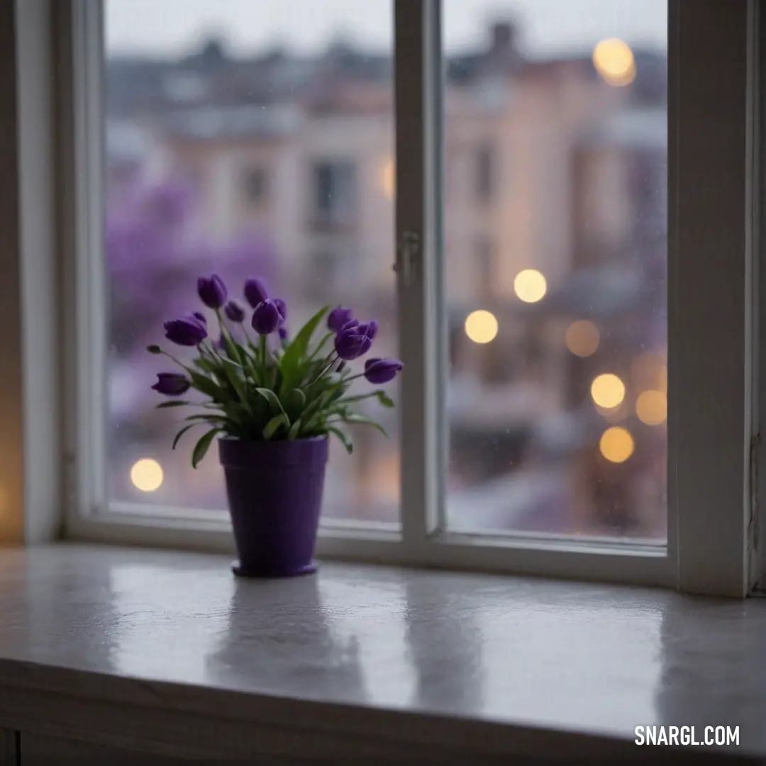 A vibrant purple potted plant graces the window sill, offering a refreshing contrast to the city view outside, blurring the lines between nature and urban living in this cozy, inviting space.