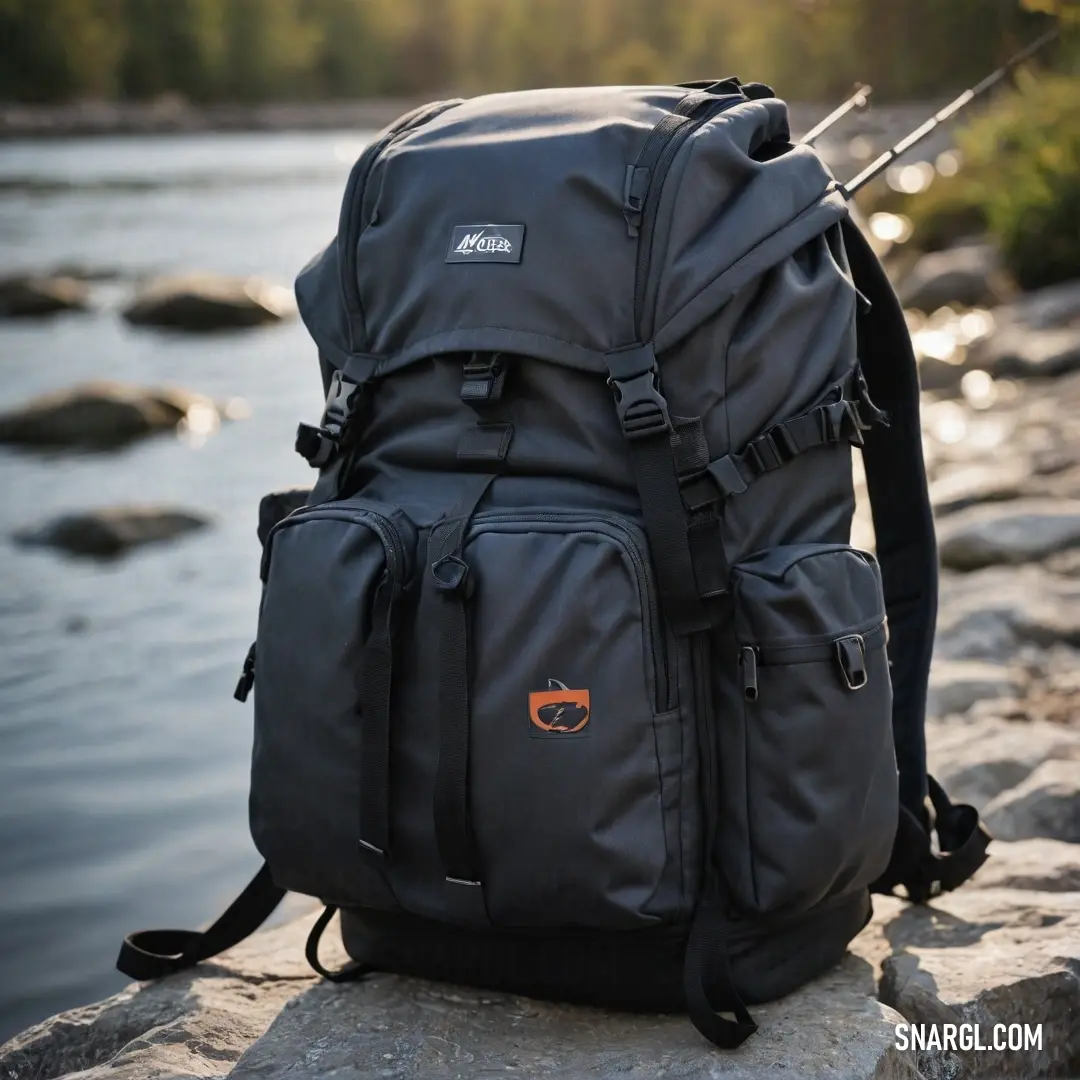 A rugged backpack rests on a rock beside a flowing river, with a fishing rod peeking from its pocket. The captivating surroundings invite a sense of peace, making it an ideal companion for fishing trips and outdoor relaxation.