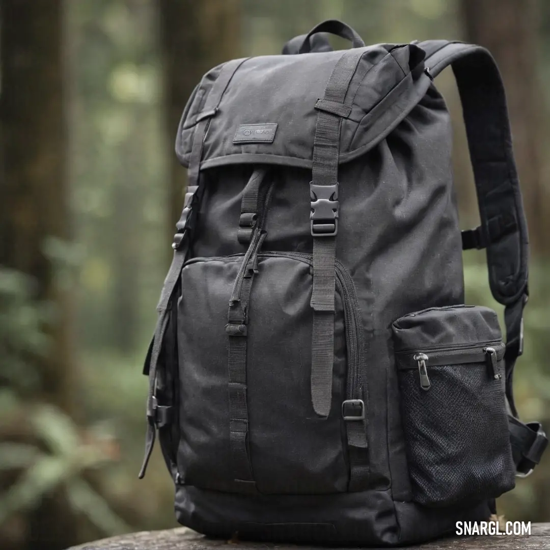 A rustic backpack rests on a rugged rock amidst a tranquil woodland, surrounded by lush trees. The earthy tones blend seamlessly with nature, making it an ideal companion for hiking, exploration, or a serene escape into the great outdoors.