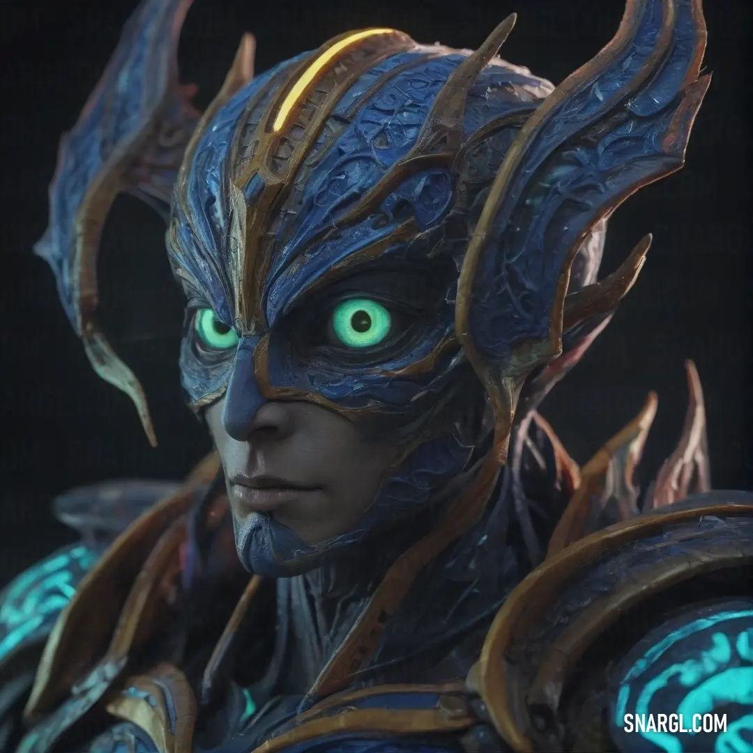 A close-up shot of a person with vivid green eyes and a dramatic horned headpiece, exuding a mysterious, almost otherworldly aura. The unique deep hue of their outfit, a rich, earthy tone, complements their striking features.