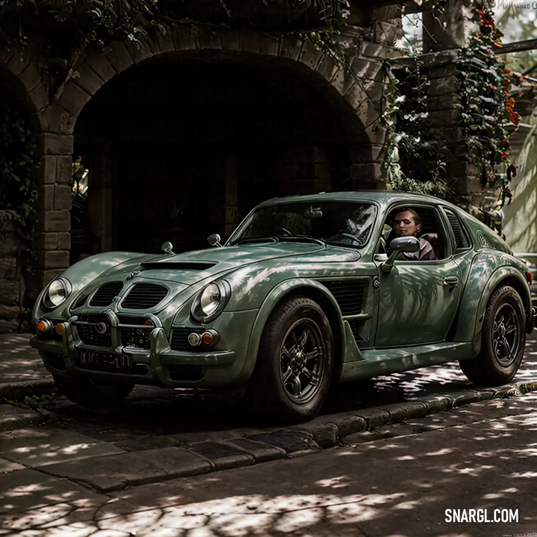 A sleek green sports car is parked in front of a dark tunnel, highlighting its vibrant color. The shadows of the tunnel create a striking contrast, emphasizing the car's sharp curves and modern style in this dramatic setting.