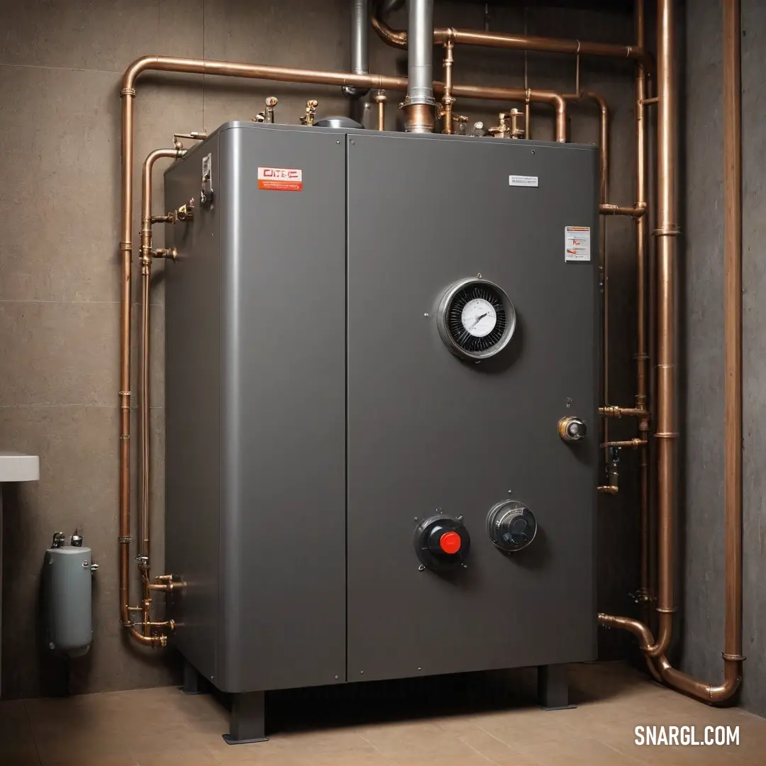 A large gray boiler stands prominently with a glowing red light perched on its side, interconnected by an array of pipes that twist and turn, presenting a fascinating blend of industrial design against a muted backdrop.