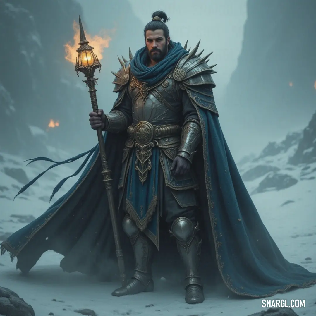 Amidst a breathtaking snowy landscape, a heroic figure in a flowing blue cape stands tall, illuminating the scene with a brilliant light in one hand and a sword in the other, surrounded by majestic mountains glistening under the winter sun.