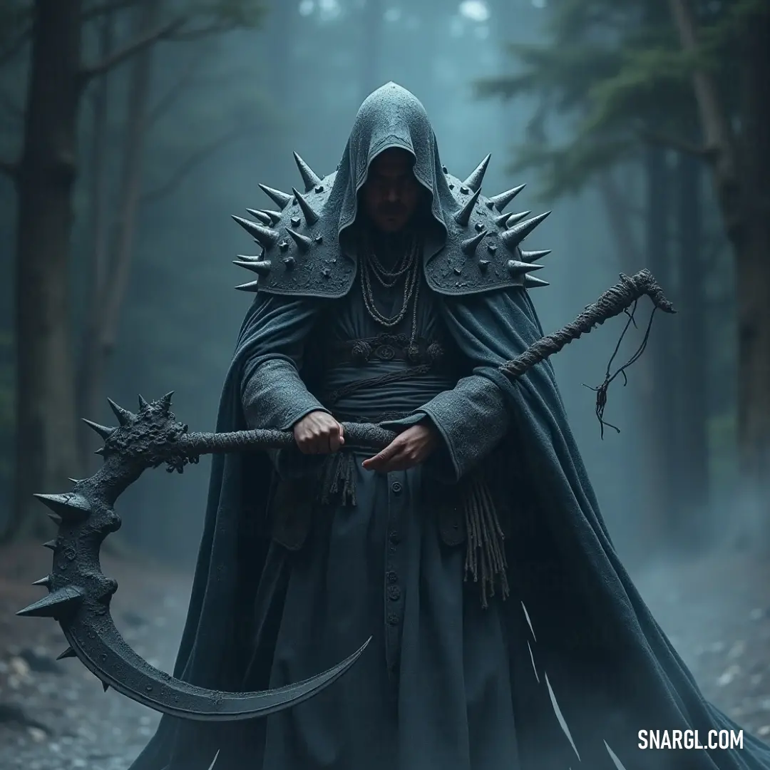 A hooded man stands in a fog-laden forest, holding a staff and looking intensely into the distance, where shadows play among the trees, creating an air of mystery and anticipation in the serene surroundings.