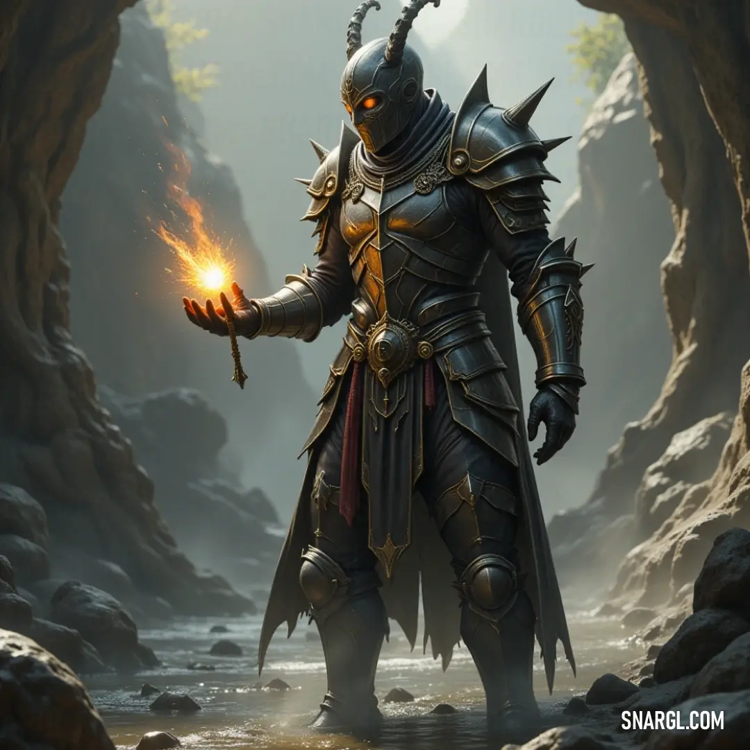 A courageous man clad in ornate armor stands in a mystical cave, clutching a flickering fireball, illuminated by the glimmering water and rugged rocks surrounding him, evoking a sense of adventure and ancient lore.