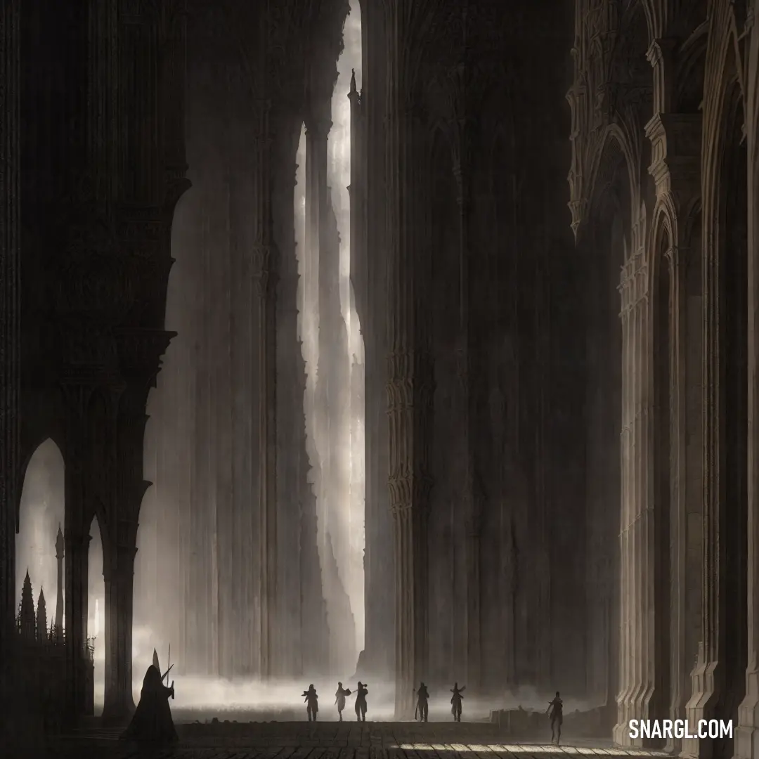 A dark and atmospheric painting of a castle shrouded in fog, with distant figures moving through the mist. The warm light spilling from above adds a mystical touch to the otherwise eerie setting, creating a sense of ancient mystery.