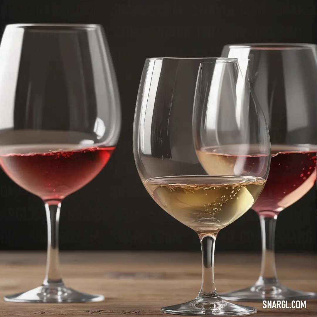 Three elegant wine glasses rest on a table, one filled with wine while the other two stand empty. The deep hues of the wine and the soft reflection on the glass surface create a tranquil and sophisticated scene.