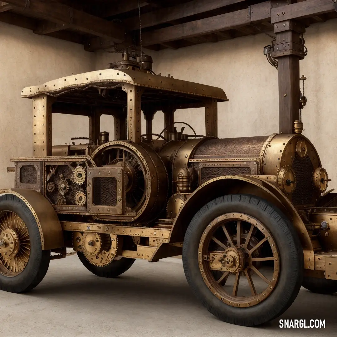 An old steam engine, resting in a dimly lit garage with vintage machinery and worn wooden walls in the background. The steam engine’s rusted metal and worn-out details evoke a sense of history, while the muted color tones of the scene add to its no