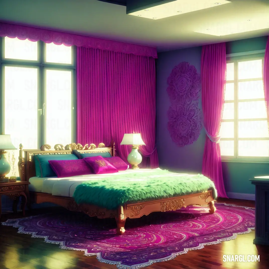 Bedroom with a bed, a rug. Color Purple.