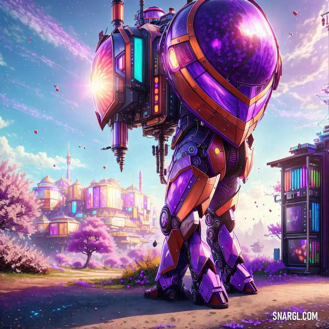 Futuristic robot standing in front of a purple and blue sky with a building in the background and a pink
