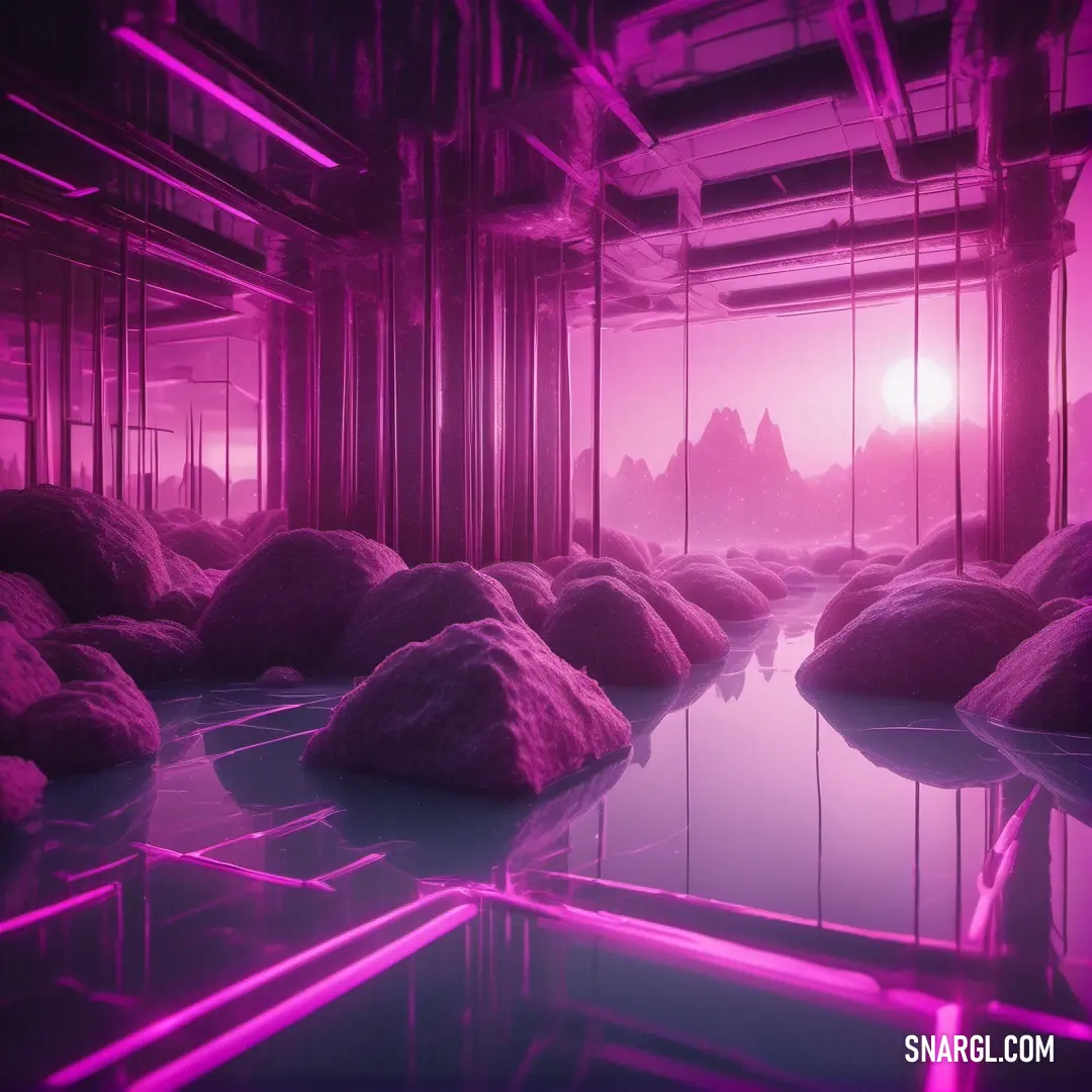 Futuristic room with rocks and a pink light in the background. Color CMYK 0,100,0,50.