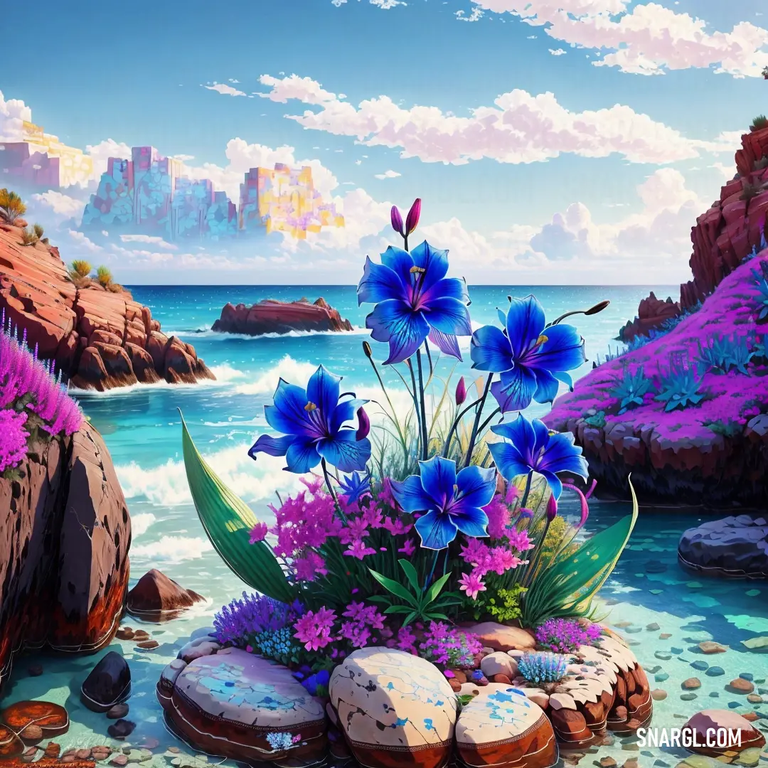 Painting of a blue flower on a rocky shore with a city in the background