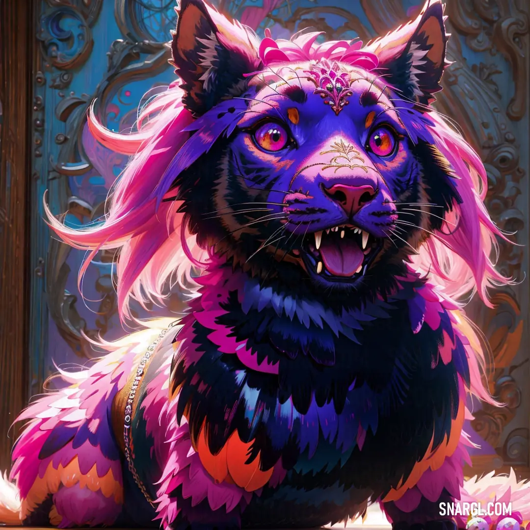 Painting of a dog with pink hair and a collar on it's chest