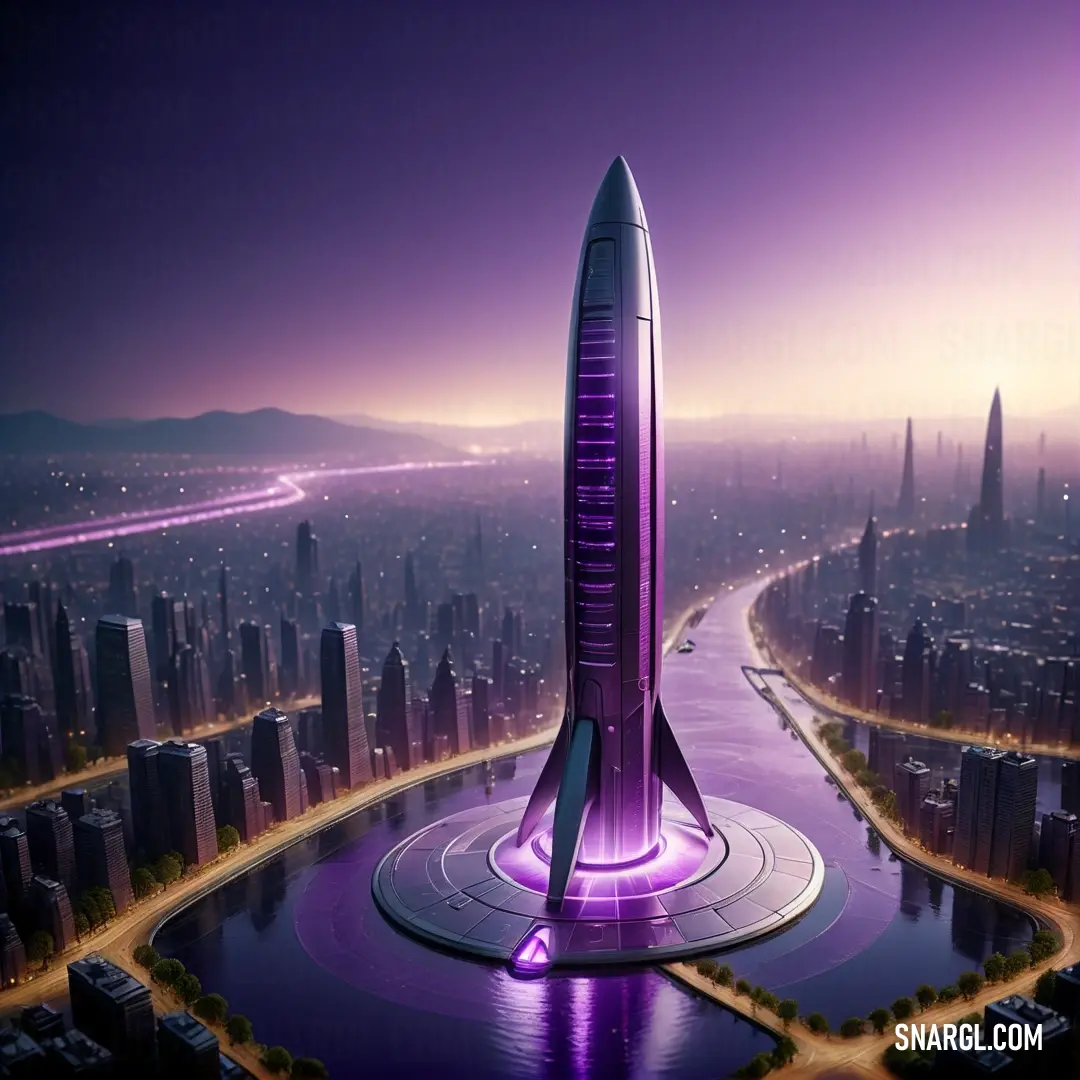 Futuristic city with a futuristic skyscraper in the middle of the city at night time with a purple glow. Color CMYK 0,100,0,50.